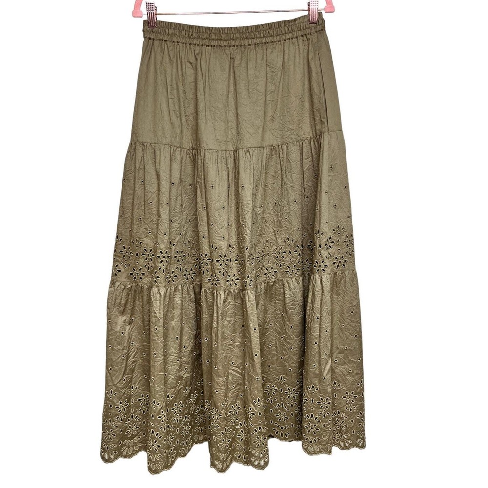 Coach Broderie Anglaise‎ Long Skirt In Organic Cotton Dark Olive Women’s Size 6 - Picture 2 of 11